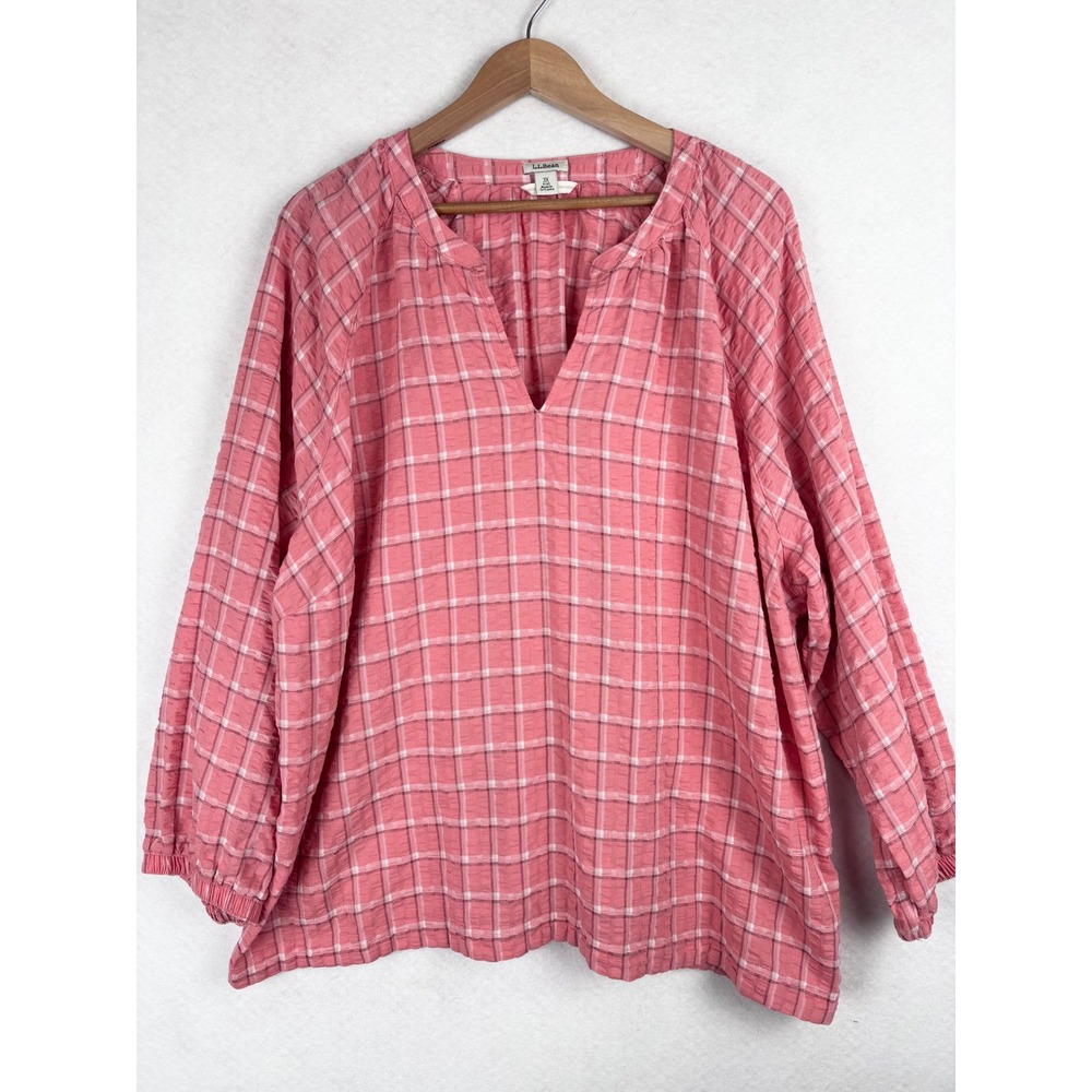 L.L. Bean Seersucker Plaid V-Neck Tunic Top Size 3X Plus Cotton Modal Pink Norm